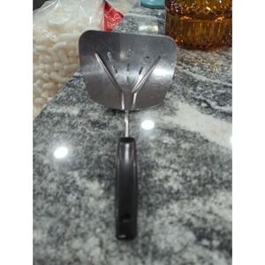 Vintage Foley Stainless Steel Spatula, Black Handle Wide Slotted Curved USA
